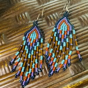 BEADED EARRINGS Vintage Navajo MULTI COLOR Dangle FRINGE TASSEL PIERCED DANGLE